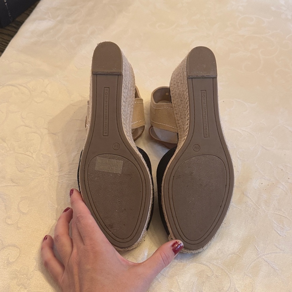 Tommy Hilfiger Black and Tan Wedge Espadrille Sandals - Picture 5 of 9